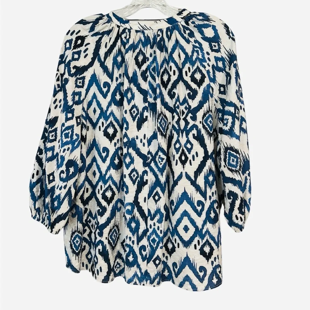 Zara Ikat print blouse V neck button front balloon sleeves size S